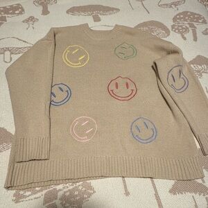 🙂🙂 EARTHBOUND Tan Sweater with Multicolor Smiley Faces